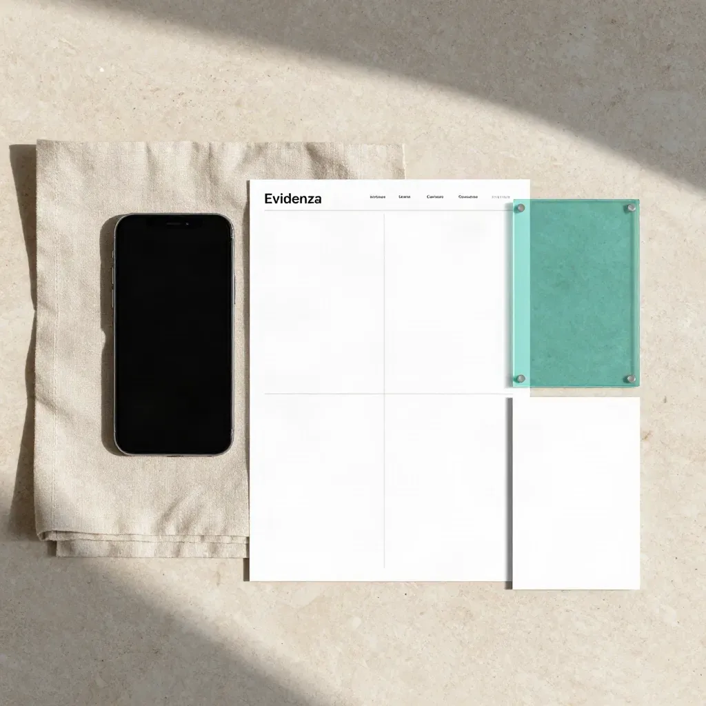 Flat lay di wireframe, card mockup e smartphone su travertino chiaro.