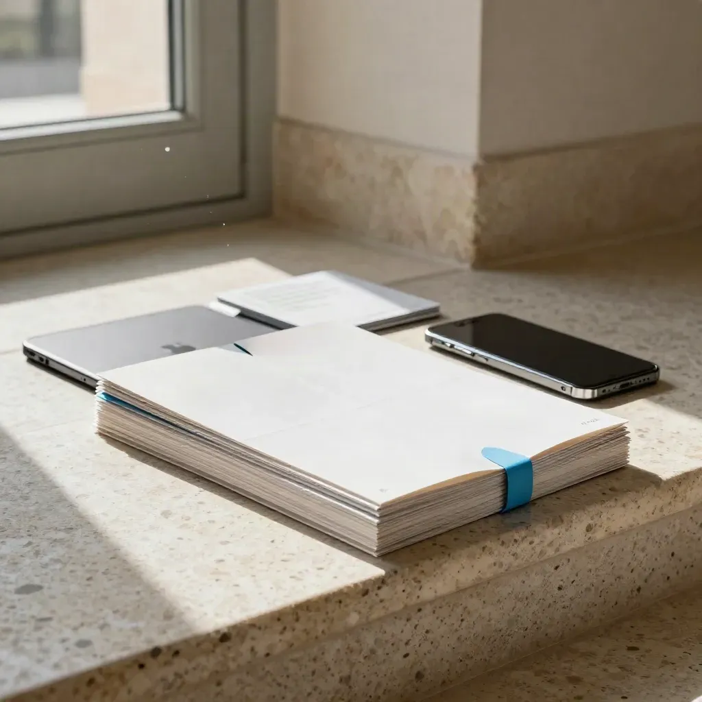 Bundle visibilità con tablet, telefono e folios su gradino in terrazzo, luce morbida e polveri nell’aria