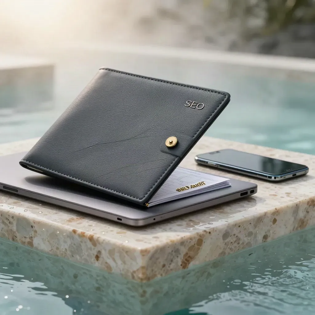 Cartella audit SEO, laptop chiuso, pin in ottone e smartphone su travertino bagnato all’alba