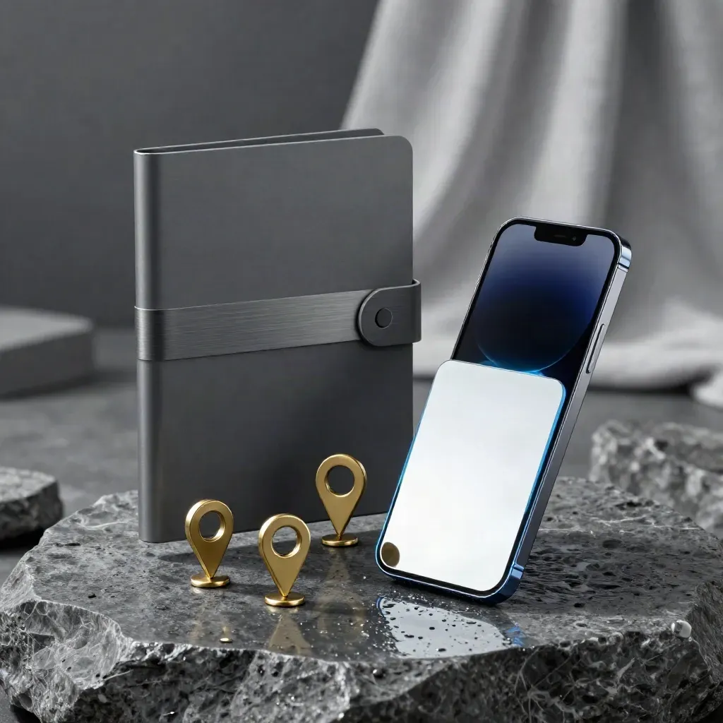 Kit pubblicitario per Google Ads con cartellina, smartphone, pin in ottone e blocco specchiato su basalto bagnato.