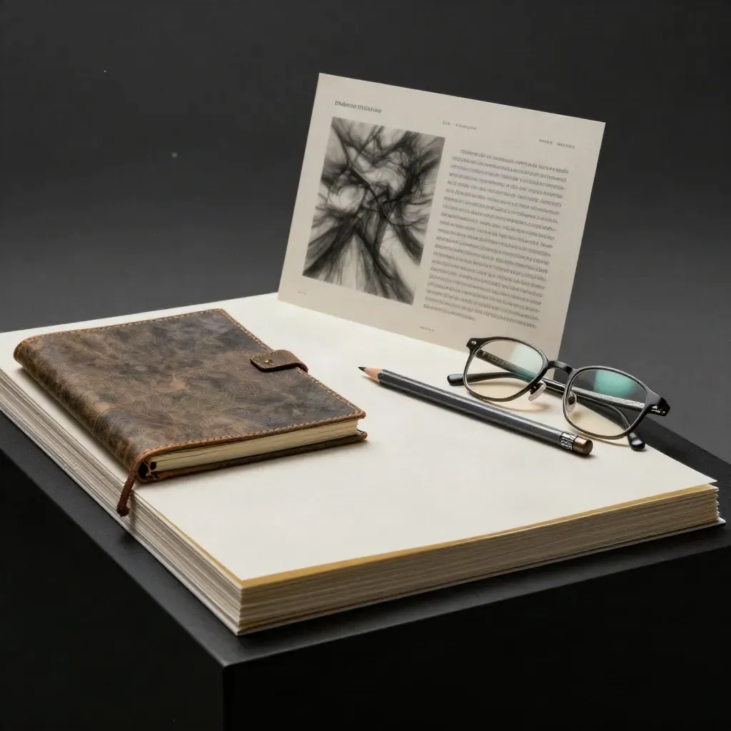 Set di bozze copy con pagine, matita, quaderno e occhiali su base scura, luce drammatica.