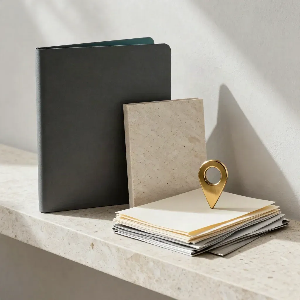 Kit di moodboard per positioning su travertino, con folder opaco, campione di pietra e swatch neutri.