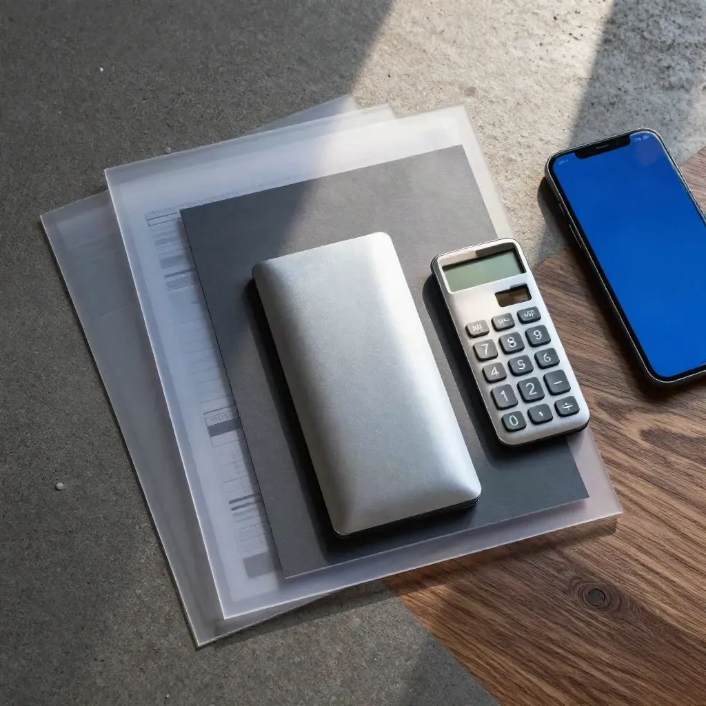 Pacco report analytics con grafici traslucidi, smartphone e calcolatrice su pietra scura.