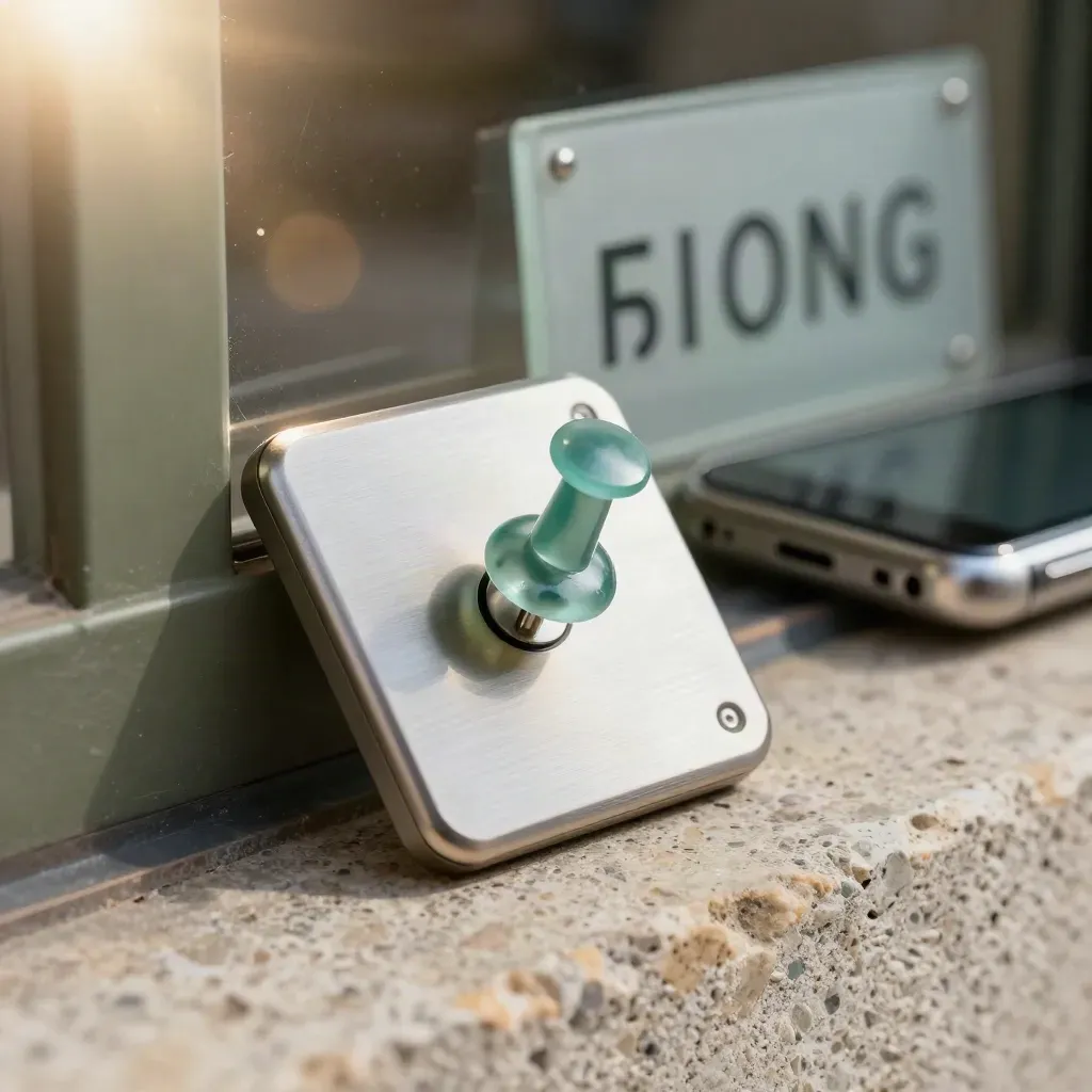 Kit per Scheda Google Business con pin, telefono e placca sfocata su travertino, luce calda.
