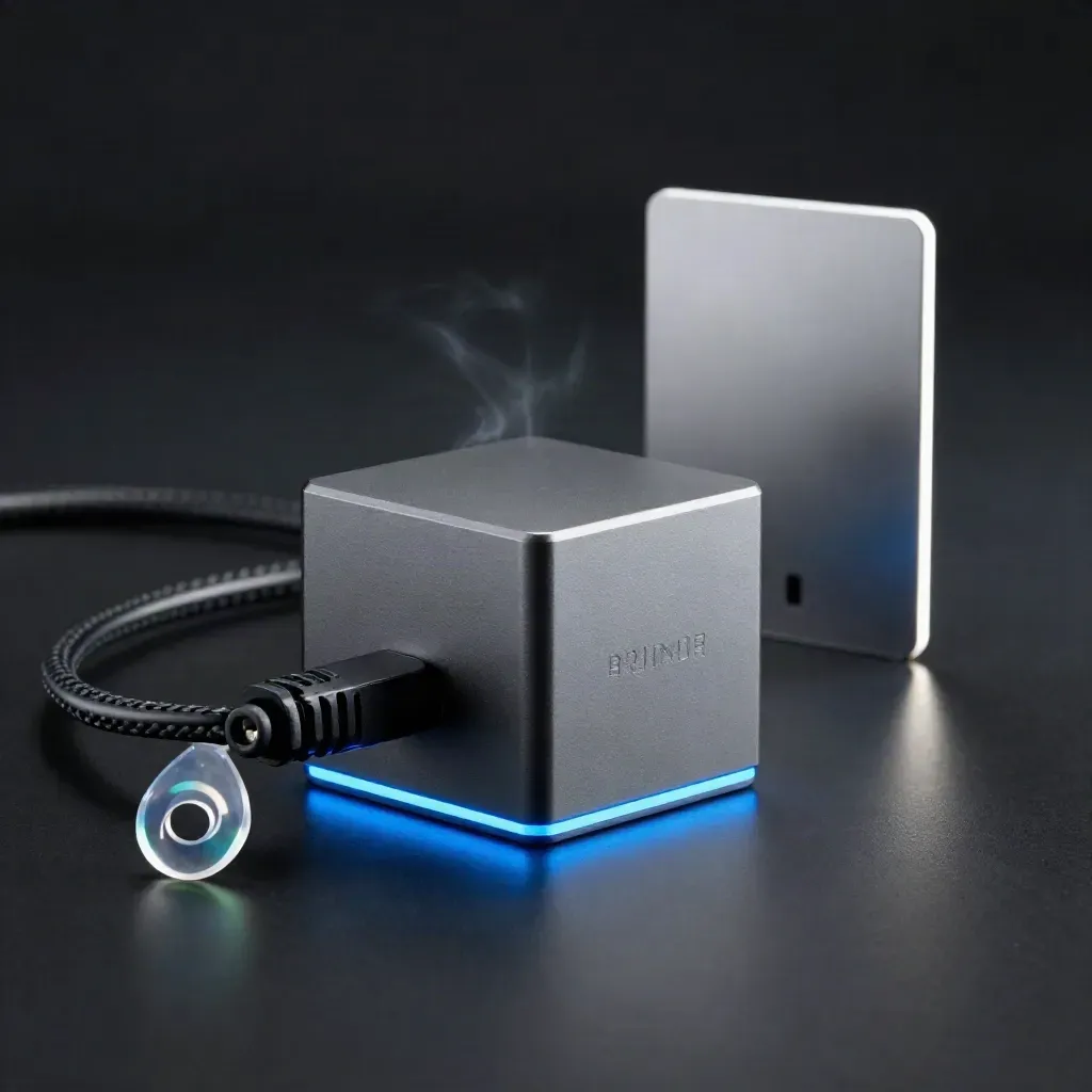 Kit di tracking conversioni con cubo luminoso, cavi e token su sfondo scuro.