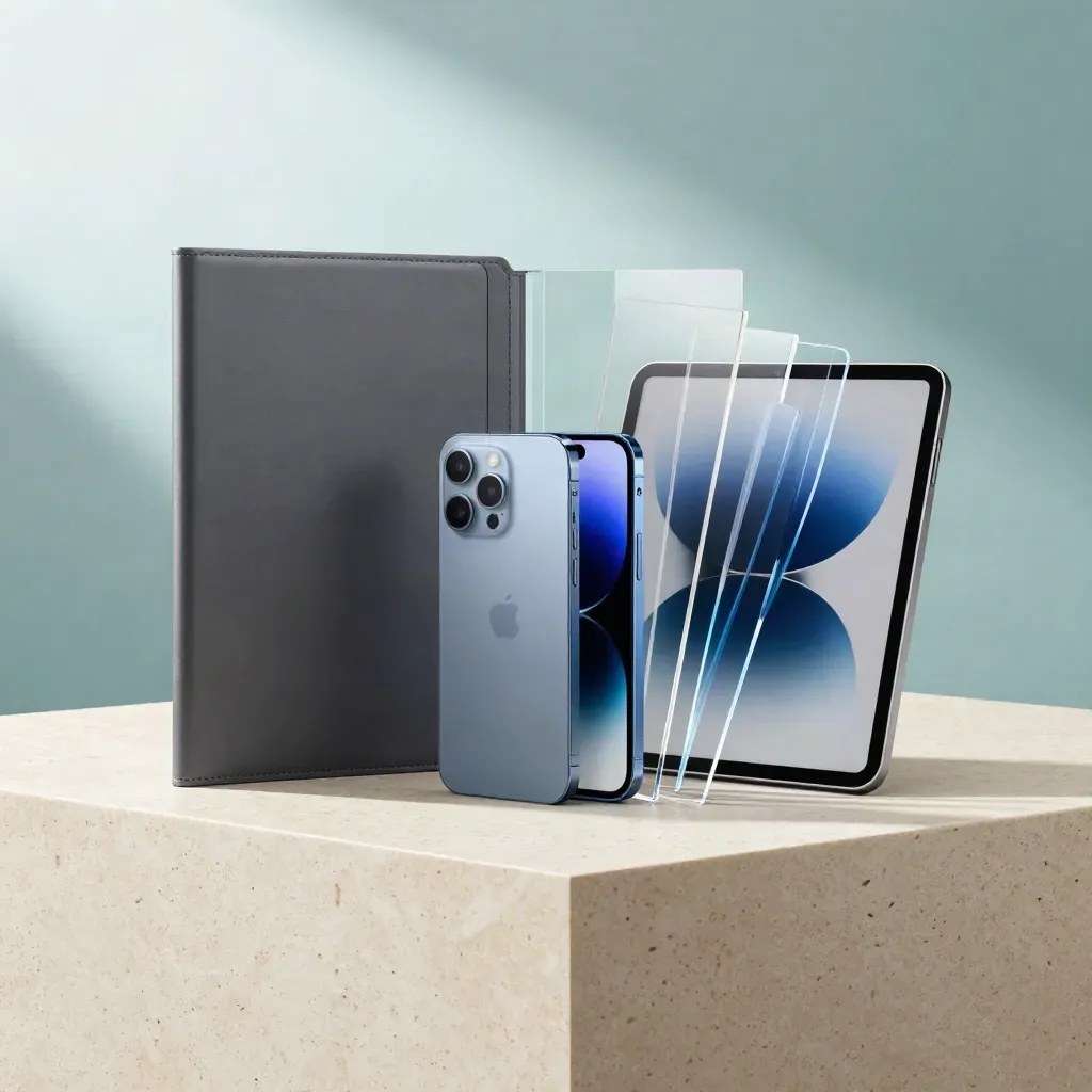 Bundle premium per sito e ads con folder, smartphone, tablet e pannelli trasparenti blu.