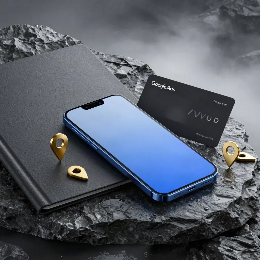 Bundle Google Ads locale con smartphone, cartella e pin in ottone su basalto bagnato.