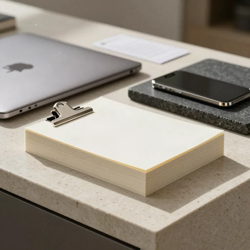 Kit audit SEO tecnico con laptop, smartphone e fogli su plinto in pietra