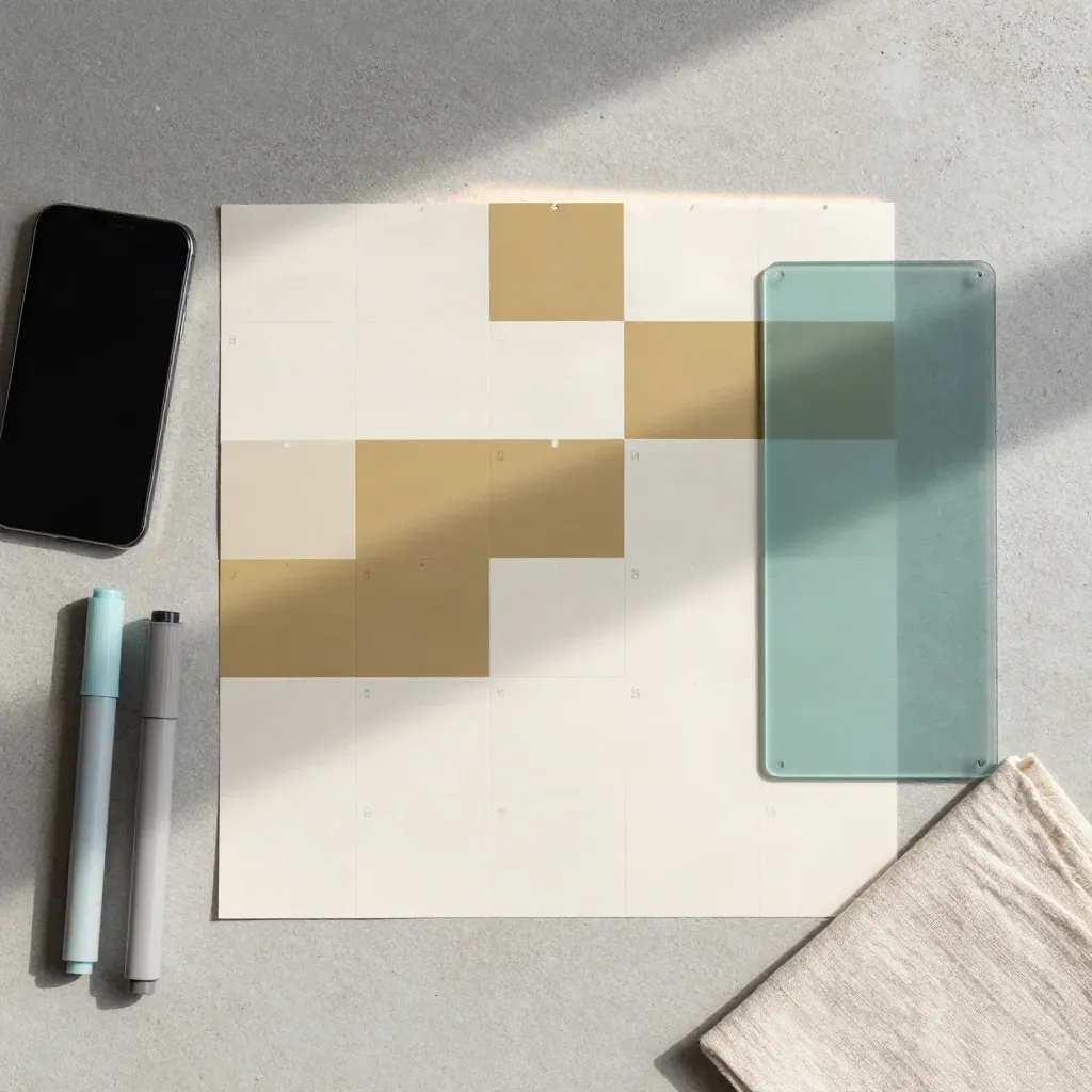 Flat lay overhead di kit calendario social con smartphone, marker e lino su cemento.