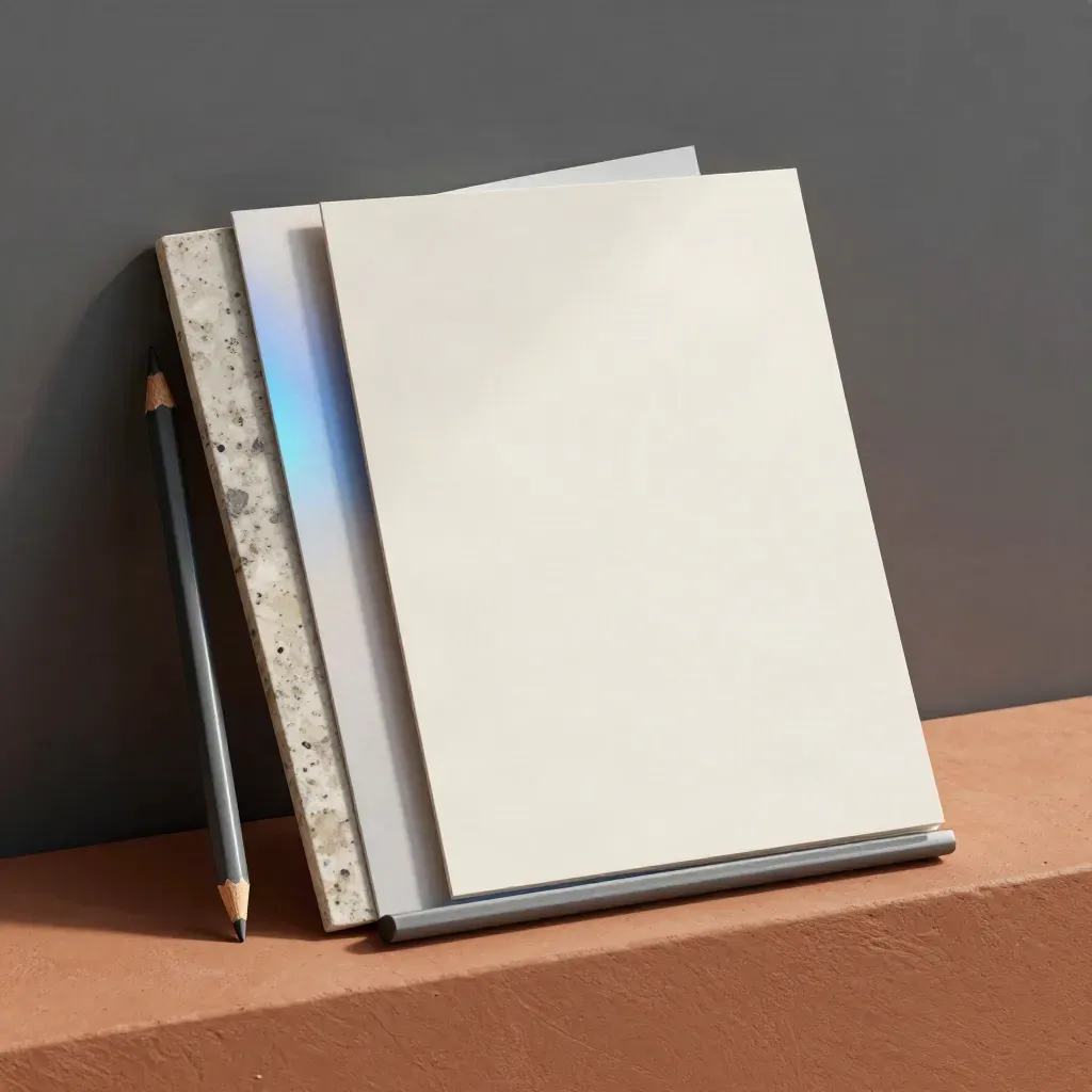 Kit per pagina servizi con campioni carta, pietra e matita su fondo terracotta.