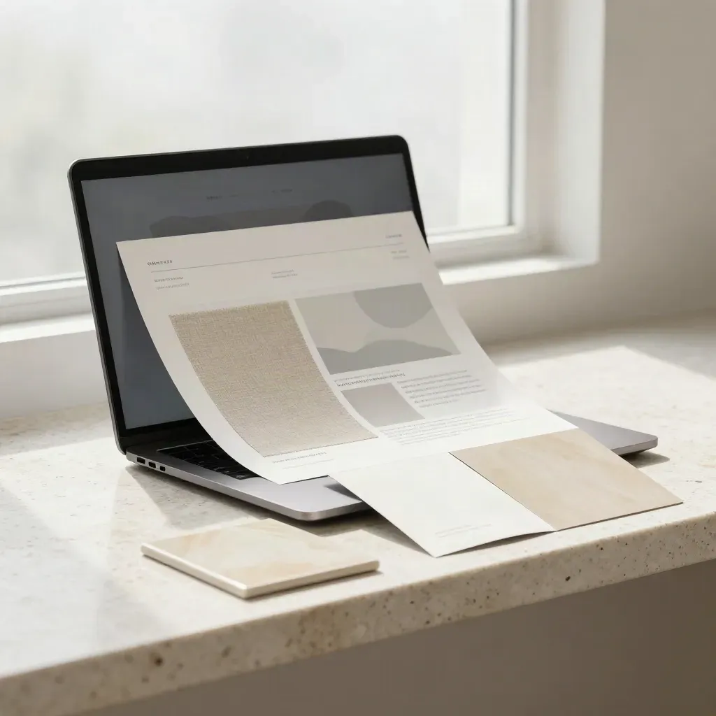 Kit per restyling homepage con laptop chiuso, swatch, tile ceramica e mockup su travertino.