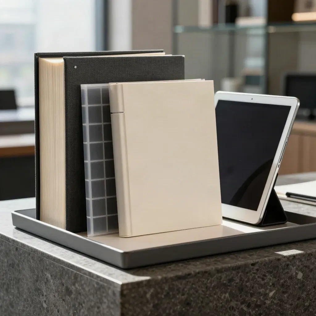 Kit business start con cartella audit, tile ADV, copy deck e tablet in ambiente grafite.