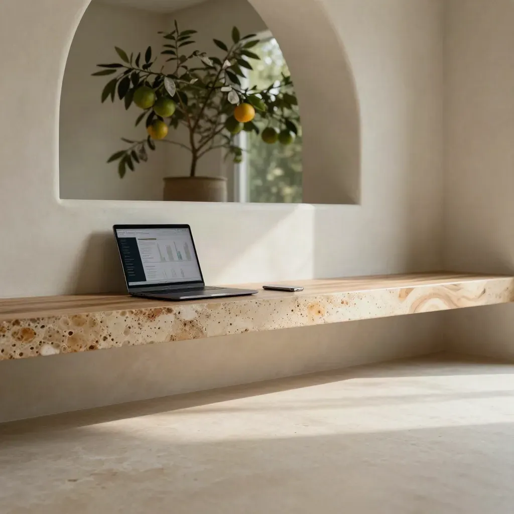 Interno luminoso con banco in travertino, laptop e agrumi sfocati su sfondo chiaro.