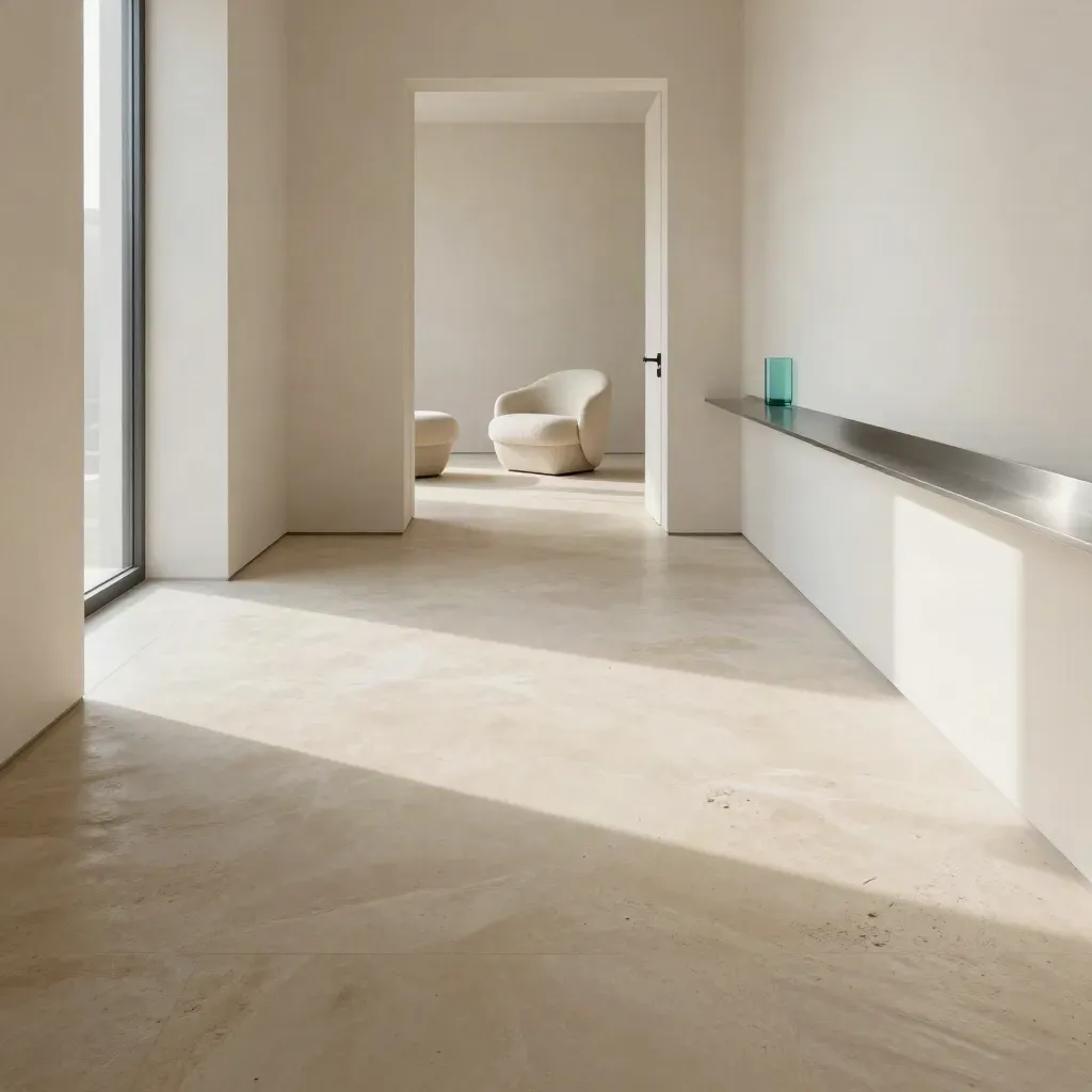 Corridoio in stucco chiaro con luce calda, porta aperta e sedie morbide sfocate.